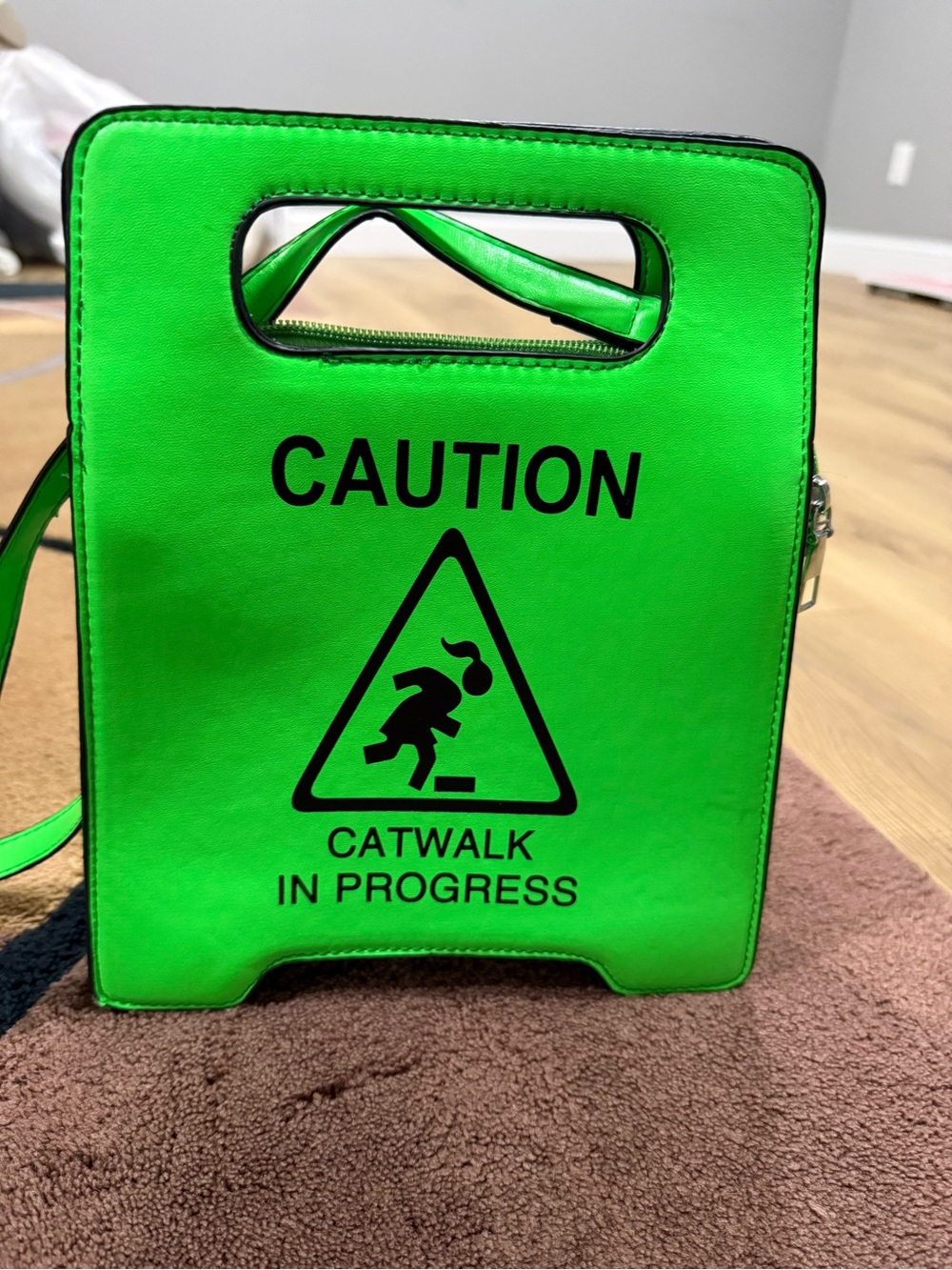 Neon Green 'Caution Catwalk in Progress' Box Bag